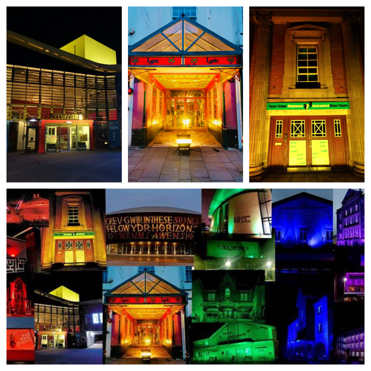 TheatrauSirGar's tweet photo. It's been a whole year since we last saw our audiences in our theatres #WeMissYou 

Supporting @CreuCymru campaign today and lighting up our buildings in one of the colours of the rainbow, along with other venues across Wales, as a symbol of hope 🌈🌈
@TSGTechnical https://t.co/7RlLX7HqKK