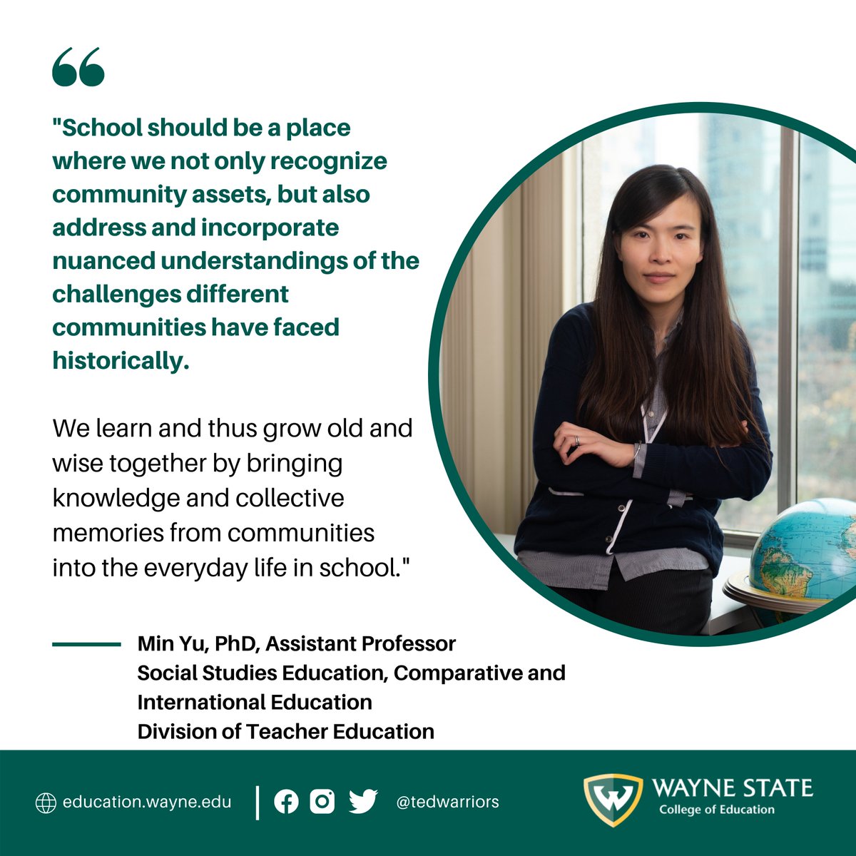 Today’s Women in Education Warrior honoree is Min Yu, PhD, Assistant Professor, Social Studies Education, Comparative and International Education. <a href="/waynestate/">Wayne State University</a>  <a href="/TEDwarriors/">Wayne State University Teacher Education Division</a>  <a href="/waynestatecoe/">Wayne State University College of Education</a> celebrates Dr. Yu's commitment to diversity. #WeAreHere #WarriorWomenInEd #WarriorStrong