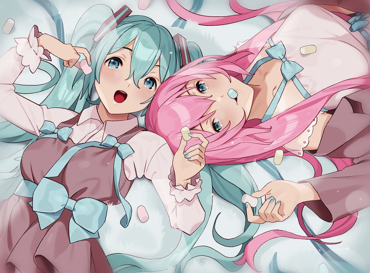 hatsune miku ,megurine luka multiple girls 2girls pink hair long hair twintails lying on back  illustration images