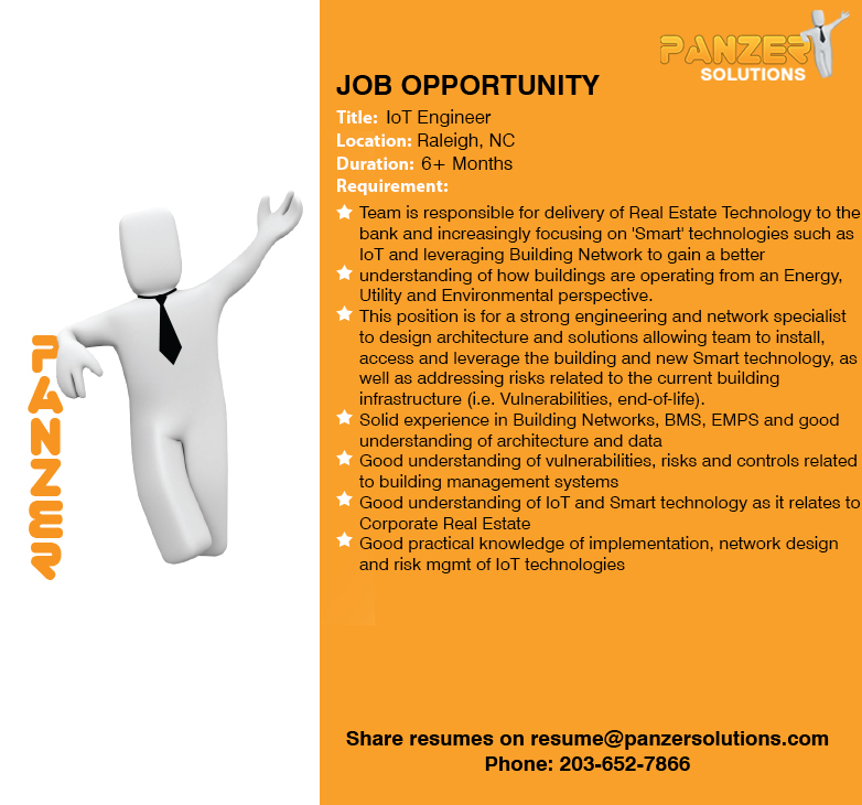panzersolution's tweet image. Job Title: IoT Engineer
Location: Raleigh, NC
Share resumes on resume@panzersolutions.com
Or for more info click on the below link

panzersolutions.com/view_job_oppor…

#PanzerSolutions #IoTEngineer #IoT #Engineer #panzerjobs #jobseekers #Latestjobs #Jobs #JobSeeker #job