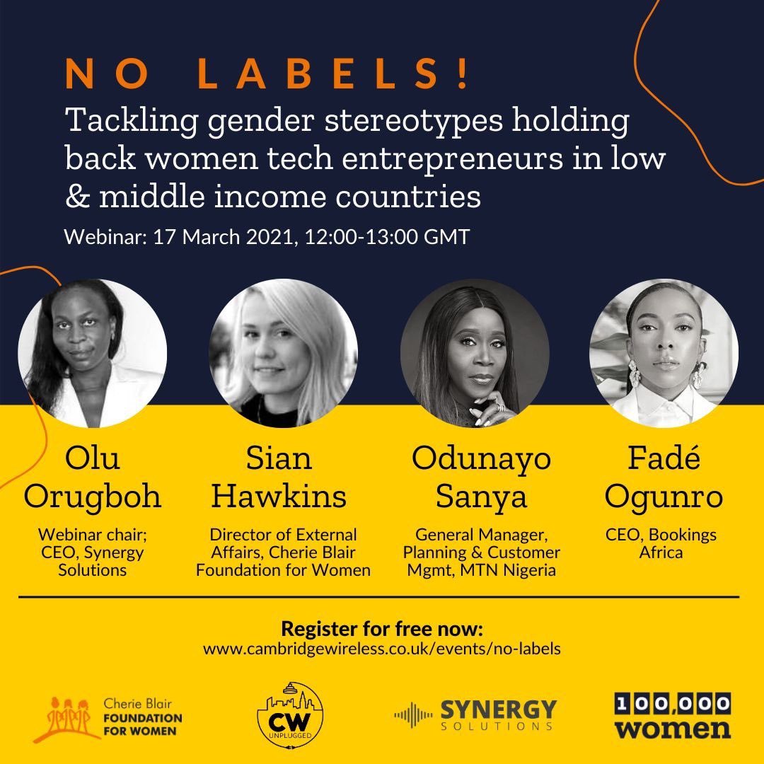 Is #digital the era of #gender #equality? @cambwireless x 
<a href="/CherieBlairFndn/">Cherie Blair Foundation for Women</a> x <a href="/oasikhia/">Synergy Solutions</a> bring female leaders together to discuss gender stereotypes experienced by #womenintech. With <a href="/sianelizabethha/">sian hawkins</a> • <a href="/FadeOgunro/">Fadé Ogunro</a> @BookingsAfrica •
🎙️<a href="/odunayosanya/">odunayo sanya</a> <a href="/MTNNG/">MTN Nigeria</a> bit.ly/3azDpG2