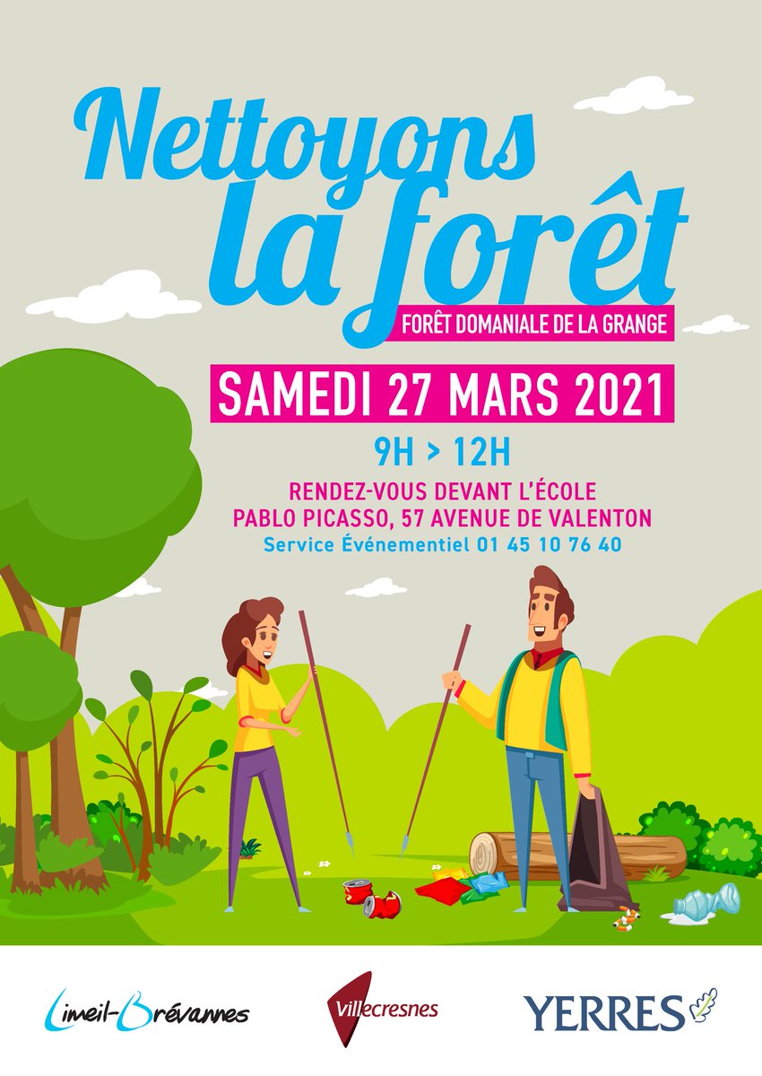 À noter dans vos agendas : l'opération commune entre <a href="/VilledeYerres/">Yerres</a>, <a href="/Villecresnes/">Villecresnes</a> et <a href="/LimeilBrevannes/">Limeil-Brevannes 🇫🇷</a> pour collecter les #déchets dans le Bois de la Grange, a lieu samedi 27 mars de 9h à 12h. Sacs, gants, pinces, et des masques seront fournis aux participants. #collectedéchets