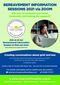 📢 Our Bereavement Information Sessions📢  start this Thursday 18th March <a href="/11am/">11 am in morning</a> via zoom.
For further info and details on how to join the session via zoom 
hospiceofthevalleys.org.uk/for-families-c…
