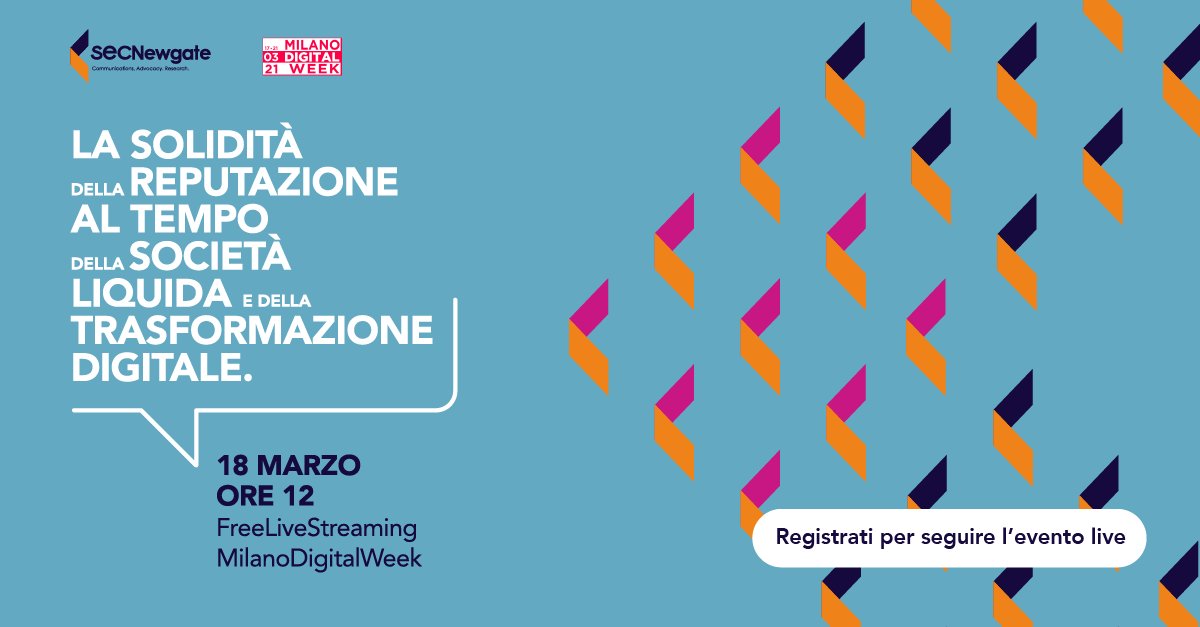 Nel programma di #MilanoDigitalWeek il nostro evento “La solidità della reputazione al tempo della società liquida e della trasformazione digitale". Per partecipare
secnewgateliveexperience.com
#MDW2021