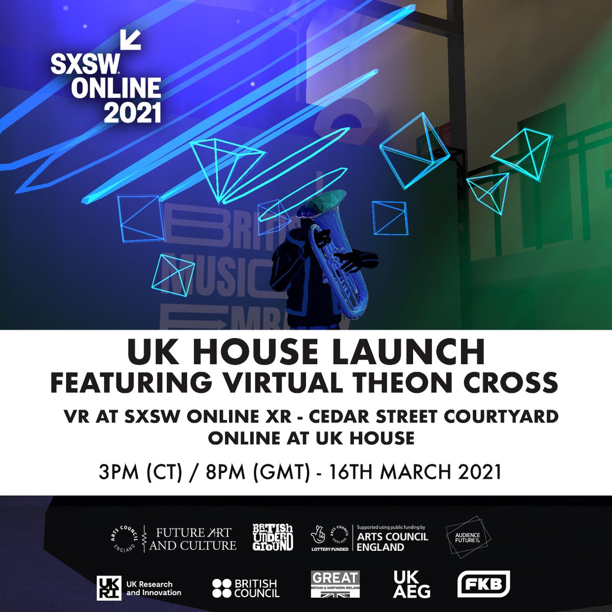 Join us tonight from 8pm for our UK House launch event featuring a virtual avatar of  @TheonCross
 filmed at  @AbbeyRoad for more information head to the theukhouse.com - See you there! 
#UKATSXSW #UKHouse #FutureArtandCulture #SXSWOnline