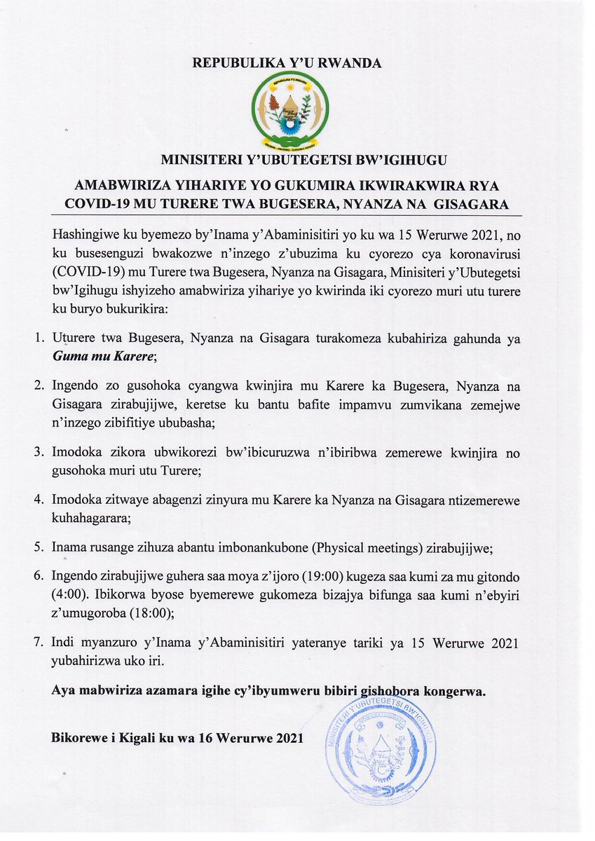 Ministry of Local Government | Rwanda (@rwandalocalgov) on Twitter photo Amabwiriza yihariye yo gukumira ikwirakwira rya COVID-19 mu turere twa <a href="/BugeseraDistr/">Bugesera District</a>, <a href="/NyanzaDistrict/">Nyanza District</a> na <a href="/GisagaraDistr/">Gisagara District</a>. Amabwiriza yihariye yo gukumira ikwirakwira rya COVID-19 mu turere twa <a href="/BugeseraDistr/">Bugesera District</a>, <a href="/NyanzaDistrict/">Nyanza District</a> na <a href="/GisagaraDistr/">Gisagara District</a>.