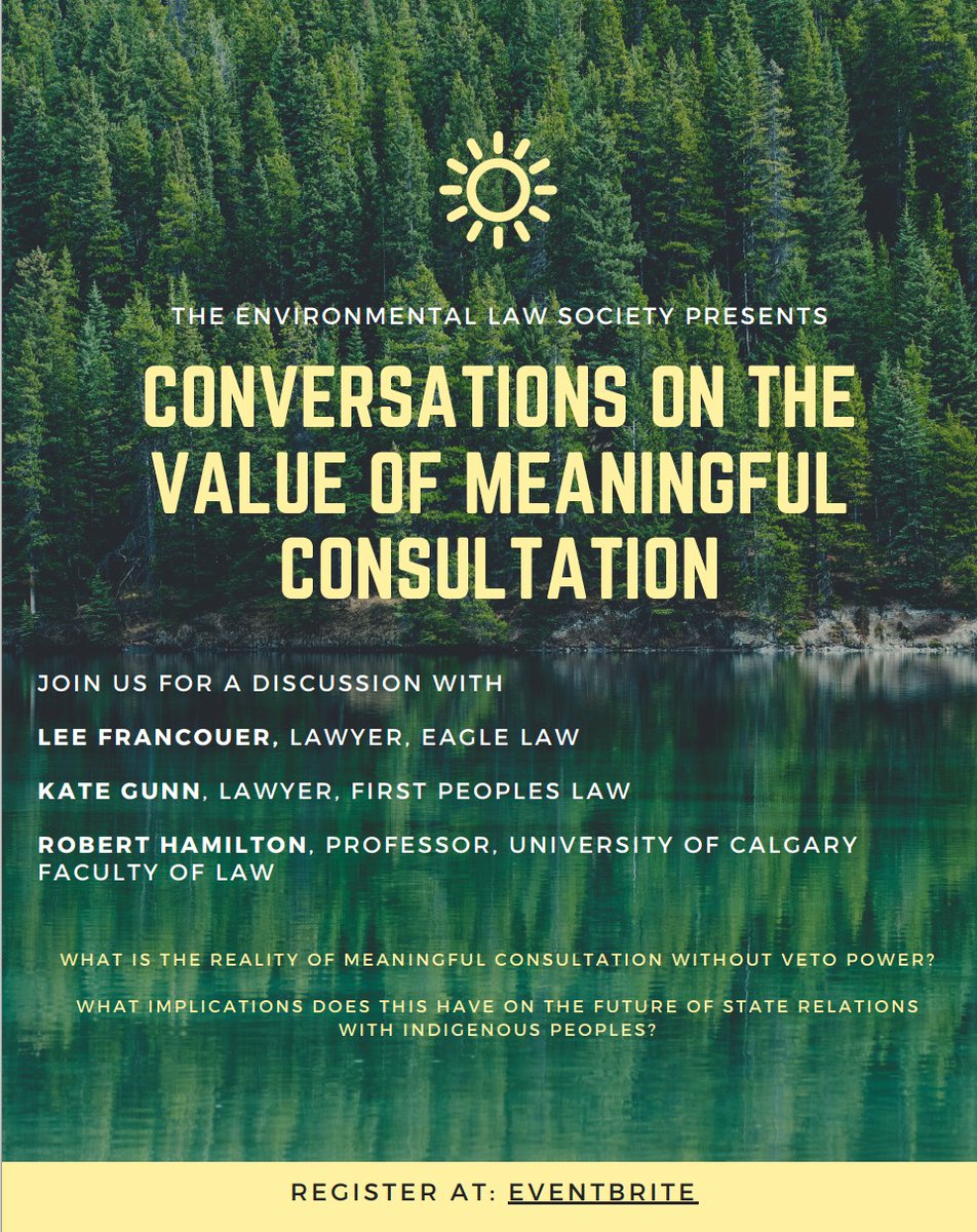 UofC_ELS's tweet image. Event alert! Join us on Thursday from 12-1:30pm for a discussion on meaningful consultation with Lee Francouer of @EagleLawGroup, @KateGunn3 of @firstpeopleslaw, and @robert_rch of @UCalgaryLaw.

Sign up here: eventbrite.ca/e/conversation…