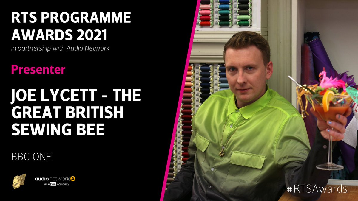 Well done to <a href="/joelycett/">Joe Lycett</a>, winner of the Presenter award for his stellar work presenting <a href="/BBCOne/">BBC One</a>’s #TheGreatBritishSewingBee. Judges described him as “warm, approachable and kind, with tremendous enthusiasm for the subject matter” #RTSAwards