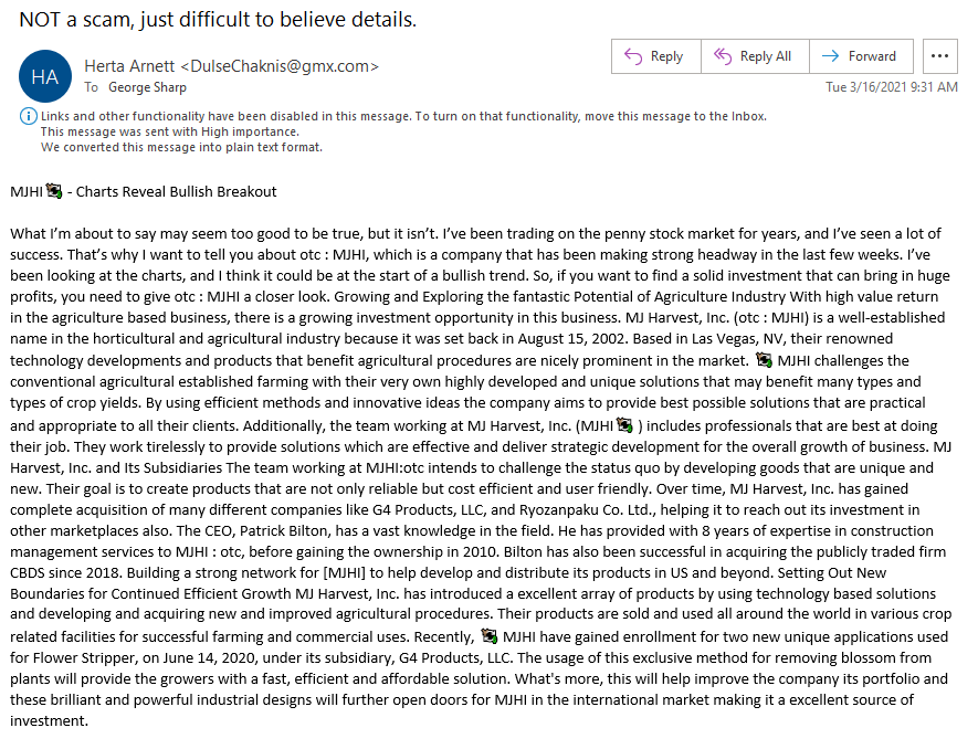 GeorgeASharp's tweet image. Uh yeah, it is a scam $MJHI #SpamEmail