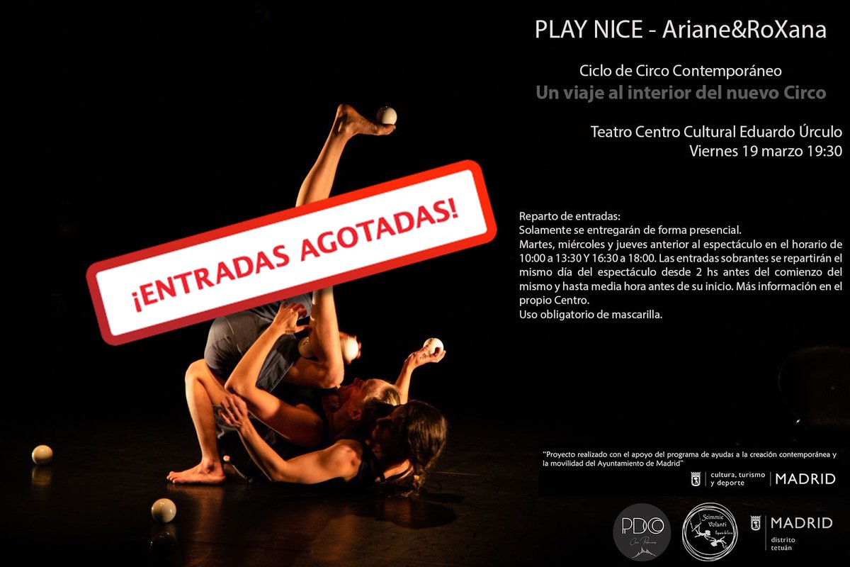 AGOTADAS!
Muchas gracias, en menos de una hora las 160 entradas disponibles han volado.
Madrid quiere cultura, quiere circo!!

#Cultura #MAdrid #circoncision #EduardoUrculo
<a href="/CulturaCMadrid/">Cultura▪️Comunidad de Madrid</a> @ALCBDS_Ayto <a href="/INAEM_Cultura/">INAEM</a> <a href="/Madrid_Cultura/">Madrid Cultura</a> <a href="/JMDTetuan/">Distrito de Tetuán</a>