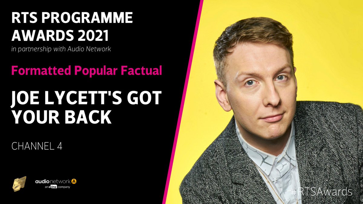 The Formatted Popular Factual award goes to #JoeLycettsGotYourBack from <a href="/RumpusMedia/">RumpusMedia</a> for <a href="/Channel4/">Channel 4</a>, which judges described as being “distinctive in style yet broad in appeal, all wrapped in a highly original format” - well done to <a href="/joelycett/">Joe Lycett</a> and the team! #RTSAwards