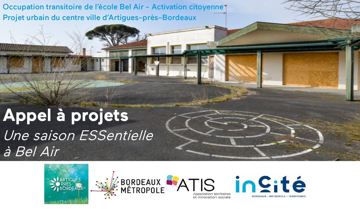 📣Une saison ESSentielle à Bel Air ▶️ Appel à projet de <a href="/BxMetro/">Bordeaux Métropole</a> pr l’occupation transitoire de l’ancienne école Bel Air à <a href="/artiguespresbdx/">artiguespresbordeaux</a> 
👉 Acteurs de l’#ess à la recherche de locaux Rive-Droite pour tester votre projet ?
📍+d’info sur incite-bordeaux.fr