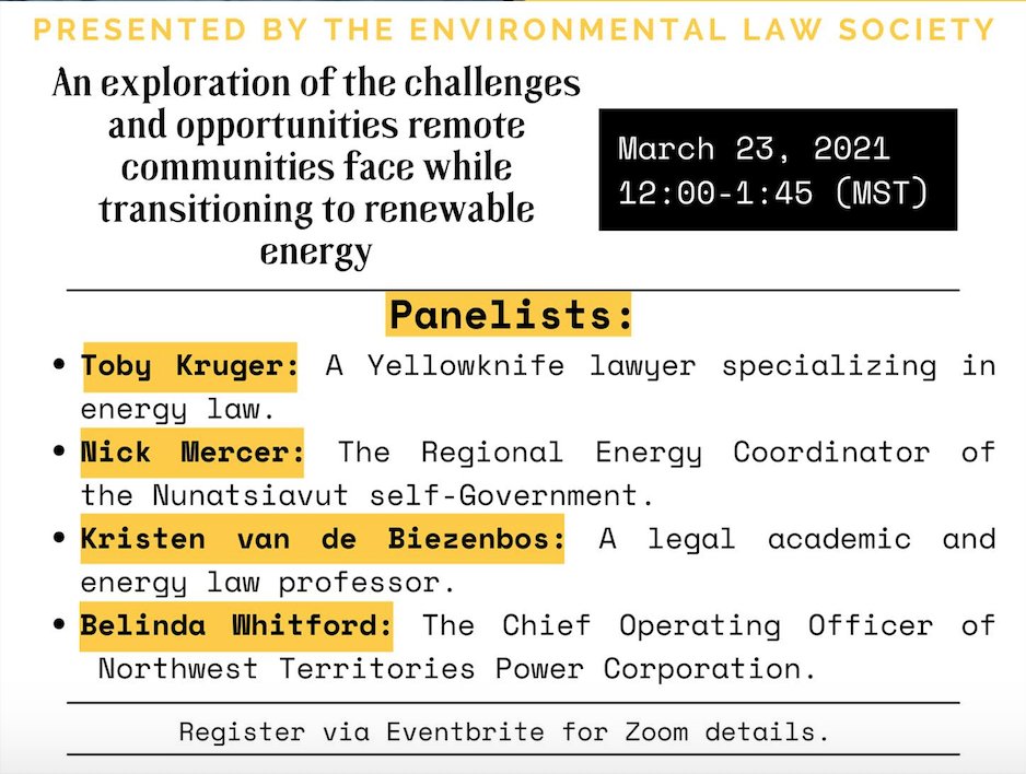 UofC_ELS's tweet image. Join us Tuesday, March 23rd from 12-1:45pm for a discussion on energy justice. We&apos;ll hear from Toby Kruger, @NickMercer2,  @kbiezenbos, and Belinda Whitford on the challenges/opportunities remote communities face while transitioning to renewable energy. 

eventbrite.ca/e/els-energy-j…