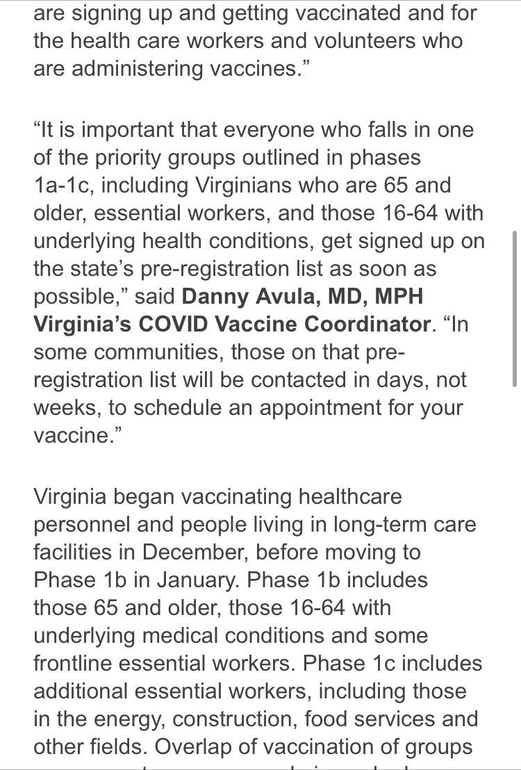 HenryGraff's tweet photo. BREAKING: @VDHgov says Some Virginia Health Districts to Begin Transition to Phase 1C Vaccinations. @NBC12 https://t.co/NKv43PF1ZY