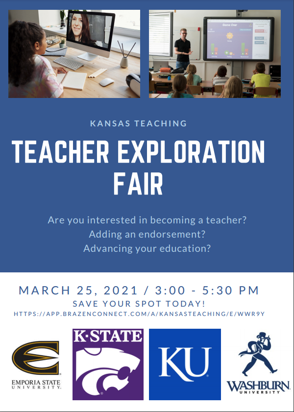 Want to be a Teacher or add to your license? Join the Teacher Exploration Fair!!!

Reserve your spot today at:  app.brazenconnect.com/a/kansasteachi…

Chat with reps from ESU, KU, KSU, WU, as well as KSDE licensure March 25 from 3:00 - 5:30.

#teacher #education #becomeateacher
