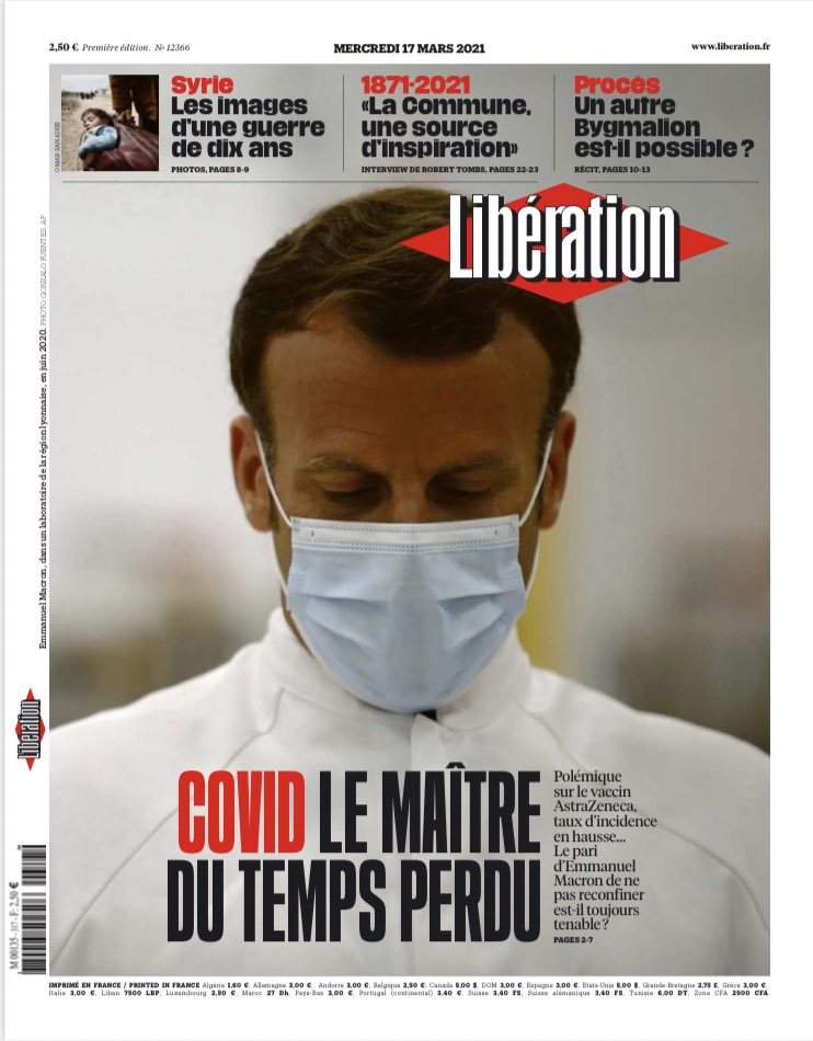 À la une de Libé mercredi : 

«Covid : le maître du temps perdu»