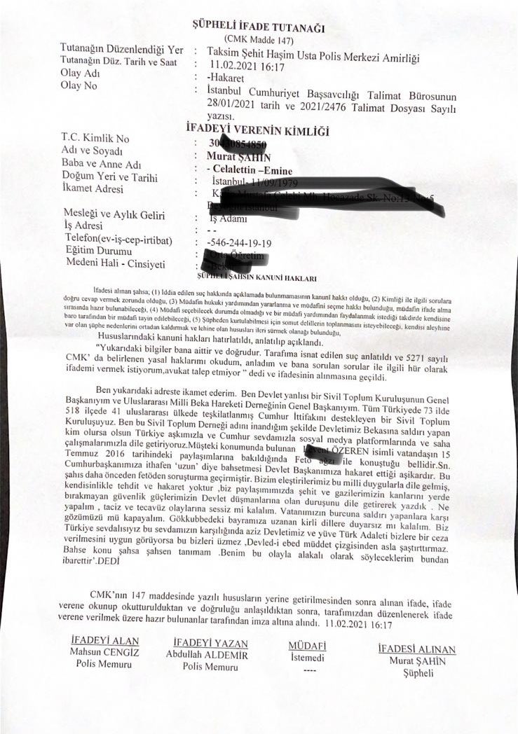 Murat Şahin (@muratsahin2023) on Twitter photo 15 Temmuz’da fetöya destek veren <a href="/lvntozrn/">Levent Özeren</a>’in paylaşımlarına verdiğim tepki nedeniyle alınan ifadem...
Burada suç unsuru bir şey var mı?
Hangi sebeple, hangi nedenle dava açıldı??? ŞEHİTLERİMİZİN kanı yerde kalmayacak dediğim için mi?
<a href="/abdulhamitgul/">Abdulhamit Gül</a> <a href="/adalet_bakanlik/">T.C. Adalet Bakanlığı</a> 15 Temmuz’da fetöya destek veren <a href="/lvntozrn/">Levent Özeren</a>’in paylaşımlarına verdiğim tepki nedeniyle alınan ifadem...
Burada suç unsuru bir şey var mı?
Hangi sebeple, hangi nedenle dava açıldı??? ŞEHİTLERİMİZİN kanı yerde kalmayacak dediğim için mi?
<a href="/abdulhamitgul/">Abdulhamit Gül</a> <a href="/adalet_bakanlik/">T.C. Adalet Bakanlığı</a>