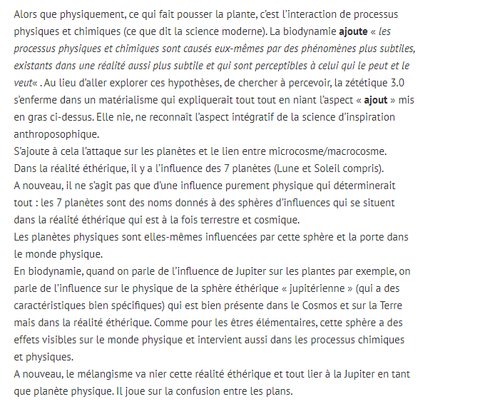 Face à un réductionnisme scientiste qui la réduit à de l'ésotérisme et à une pseudo-science, il est bon de rappeler l'épistémologie du modèle biodynamique et de réinformer justement : https://marcherparlerpenser.wordpress.com/2020/11/02/deminage-ideologique-la-science-de-lesprit-nest-pas-une-pseudo-science/ https://www.aether.news/le-noyau-scientifique-de-lanthroposophie-anthroposophie-scientifique/ https://www.aether.news/totalistarisme-epistemologique-et-republique-de-la-connaissance/