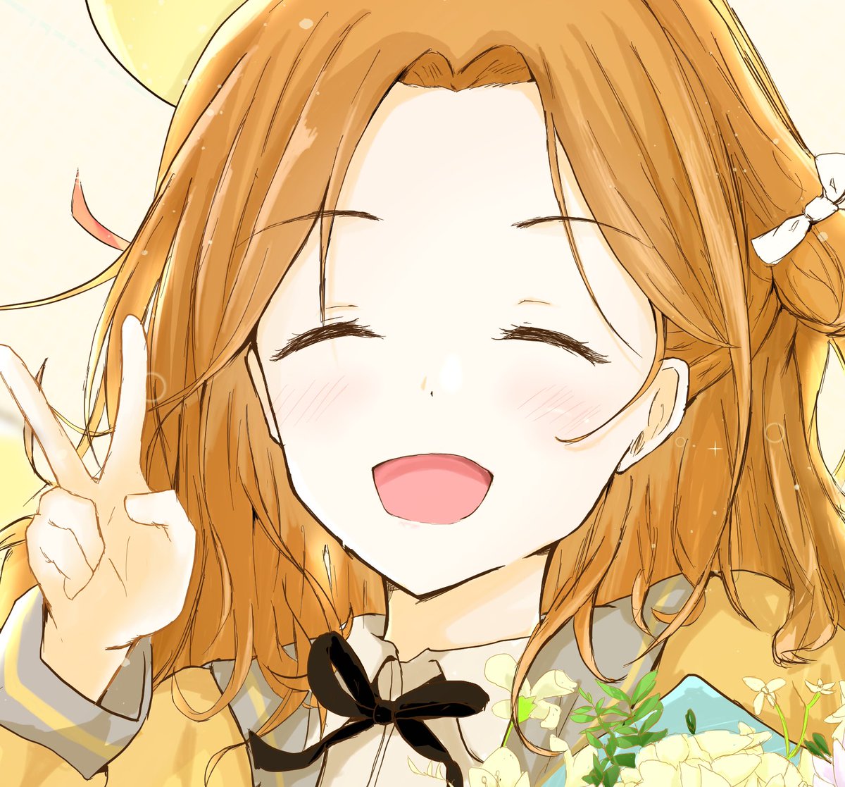 1girl solo hair bun closed eyes v smile ribbon  illustration images