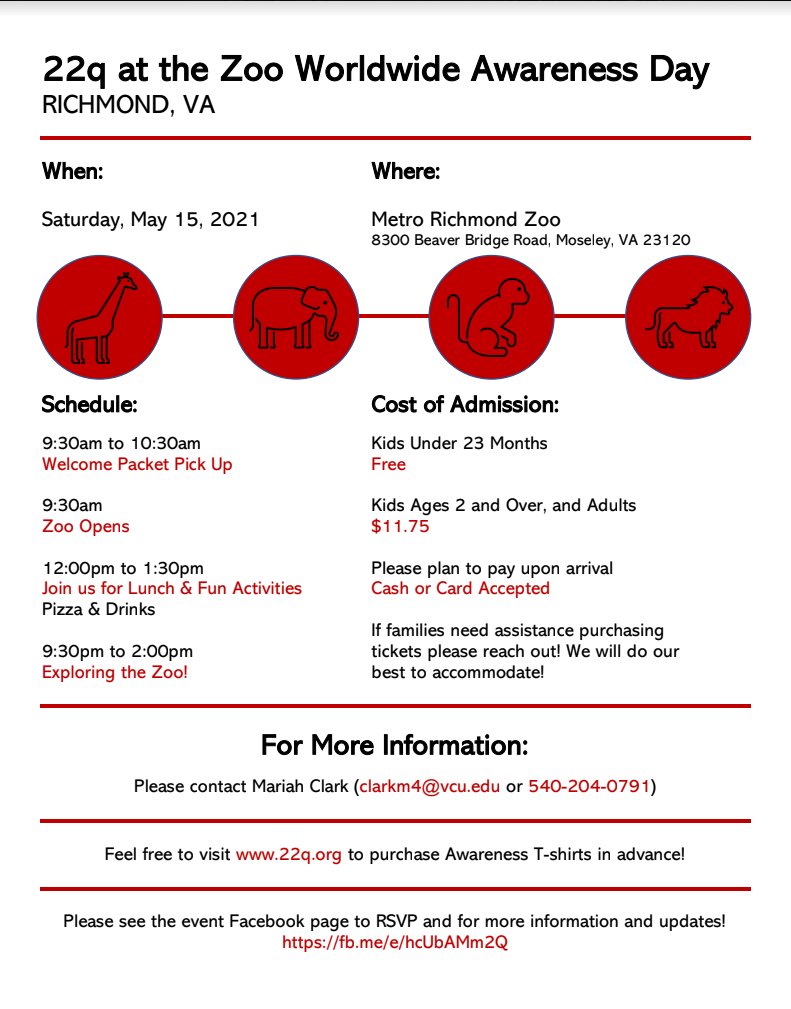 LongwoodCEHHS's tweet image. As part of VCU student Mariah Clark&apos;s  Virginia LEND practicum, she is hosting the 22q at the Zoo Worldwide Awareness Day event at the Metro Richmond Zoo on May 15th. See below:
#neurodevelopmentaldisabilities