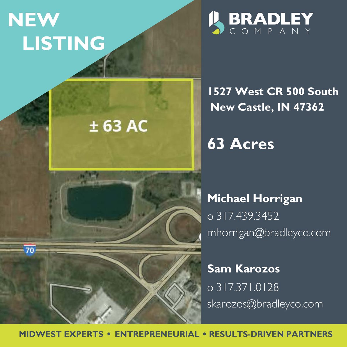 NEW LISTING! ± 63 Acres of prime development ground, zoned A-1, is for sale in New Castle, IN. Contact Michael Horrigan and Sam Karozos for more information, or view details on our website: bradleyco.com/investment-pro…

#BCO #RCRE #CRE #Development
