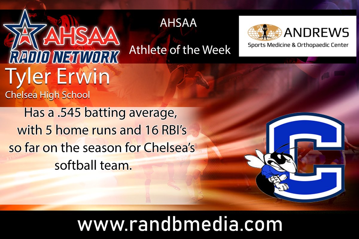 Congratulations to <a href="/tylererwin_/">Tyler Erwin</a> from <a href="/ChelseaSB1216/">Chelsea Softball</a> for being named the AHSAA Athlete of the Week! Sponsored by <a href="/AndrewsSportMed/">Andrews Sports Med</a>