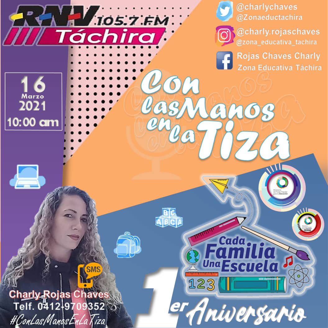 caipatachira's tweet photo. Pendientes hoy Imperdible 👇🏽🎧📟🎤 por RNV 105.7 FM  #ConLasManosEnLaTiza 1️⃣🎉🎈 Aniversario del programa pedagógico  #CadaFamiliaUnaEscuela🧩 @MPPEDUCACION @ZonaEducTachira @charlychaves @Div_Ini_Pri_Esp @EeTachira @AULA_INTEGRADA @hospimilTachira https://t.co/p8BzoBlLLE https://t.co/1ChEME2cfJ