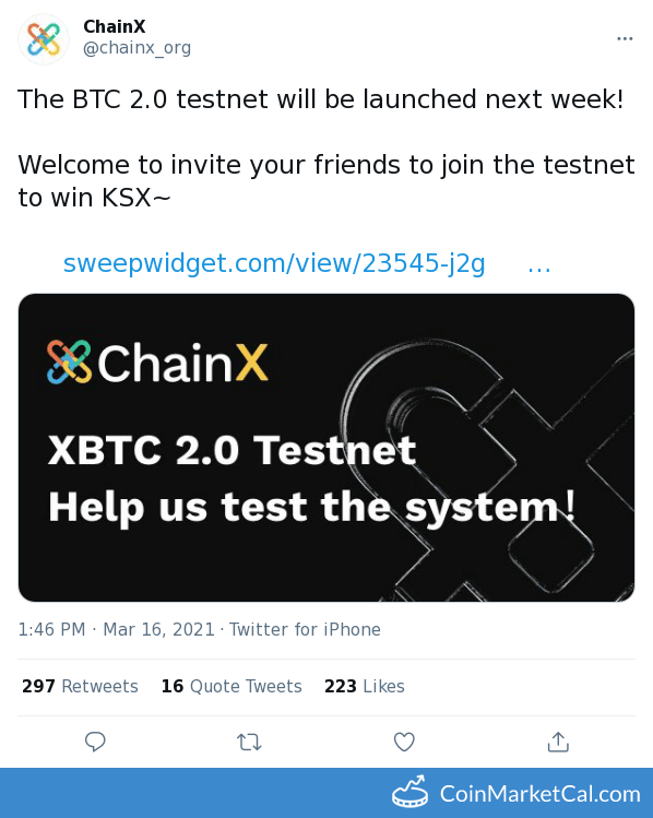 cmcal_bot's tweet photo. 🆕 New ChainX $PCX event! 
 
21 March 2021 (or earlier) 
XBTC 2.0 Testnet Launch  
 
Source: https://t.co/jDlNvTwKXa https://t.co/vPG12TTnrB