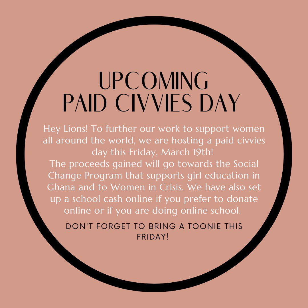 Hey lions, if you are in school this week, don’t forget that Friday is a $2 paid civvies day!
**sorry for the change**
<a href="/lionsnewstoday/">St. James CHS</a>