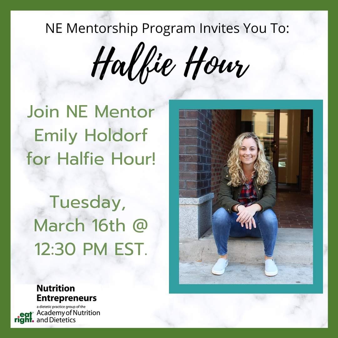 Join Emily Holdorf, MS, RDN, CDN today at 12:30 EST to discuss building your virtual practice from the ground up. Bring your questions regarding referral sources, using social media to your advantage!
Register at nedpg.org/ne-halfie-hour…