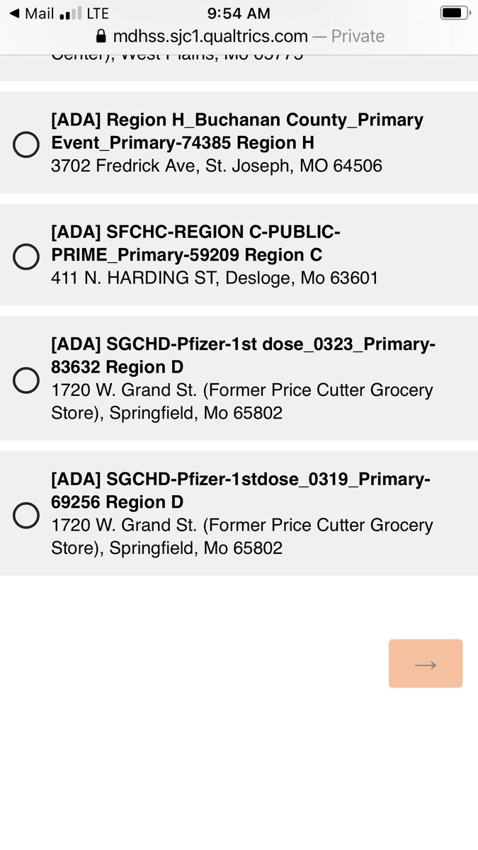Still trying to get my 85 yo dad (in O’Fallon) an appointment for the vaccine. These are the options the state sends me today. Why aren’t the vaccines at the major population centers in this state?!?! #COVID19 #Missouri