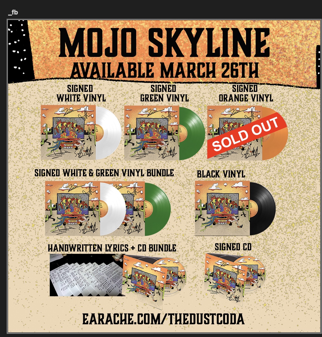 Here’s the delectable Mojo Skyline buffet of treats still available to purchase online (with the sold out hand-signed orange vinyl there just to remind you all how awesome you are!)⚡️

Let us know what you’ve ordered OR head to earache.com/thedustcoda and get your pre-ordered🤘