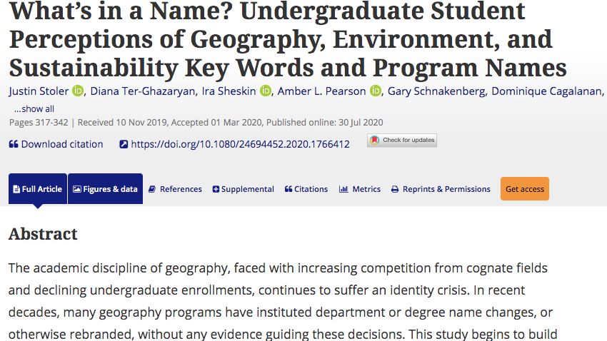 theAAG's tweet image. Why have so many geography college programs rebranded themselves? Stoler et al convey students’ perceptions of the field and offer strategies to recruit and retain future geographers bit.ly/3vb3bJ7