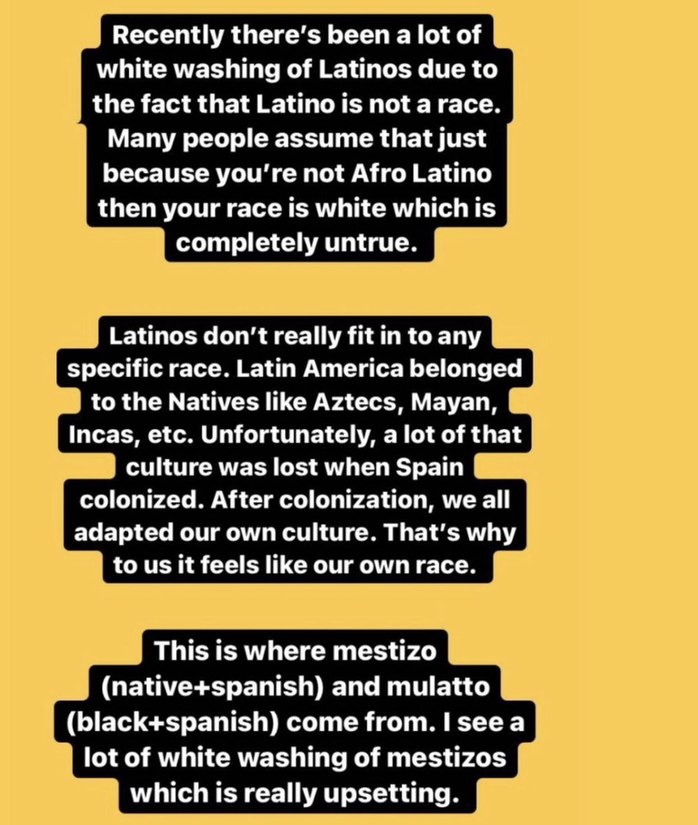 "Latinos are white" Yes we know the difference between ethnicity and race! That doesn& #39;t give you a reason to excuse your racism by calling us white! Read this! Something i talked about on my instagram (input from other latinos/mexicans)