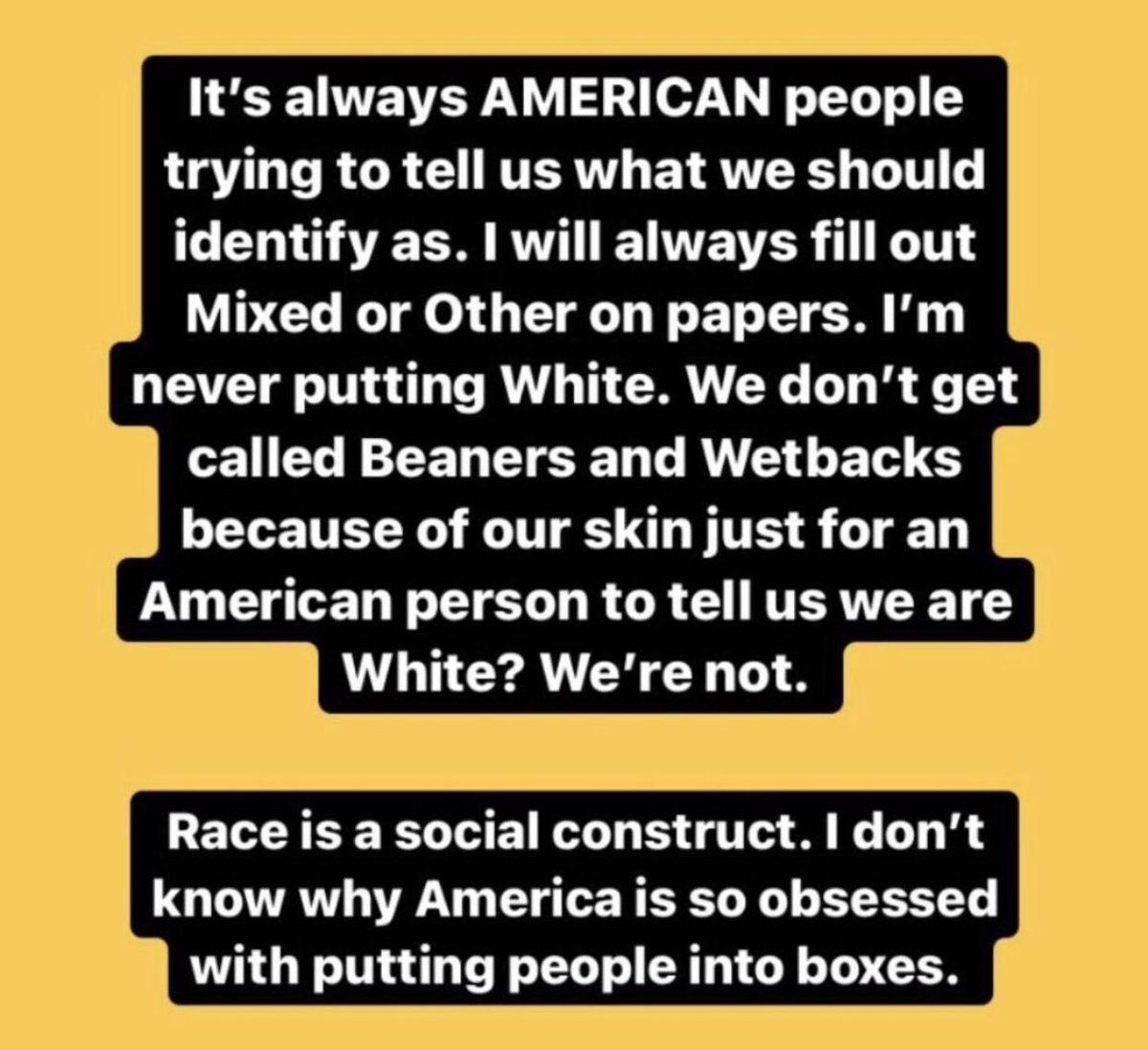 "Latinos are white" Yes we know the difference between ethnicity and race! That doesn't give you a reason to excuse your racism by calling us white! Read this! Something i talked about on my instagram (input from other latinos/mexicans)