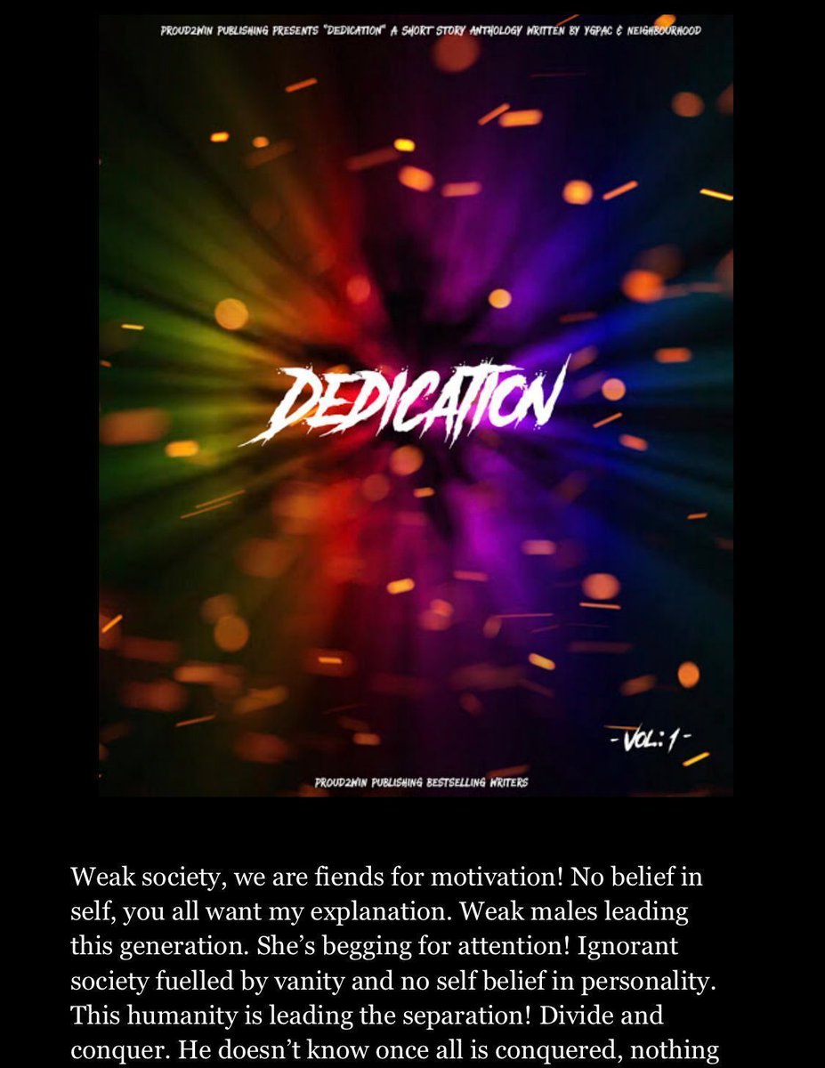 ygpac's tweet photo. Your 🆕 great read! 📕
DEDICATION 🕯✍🏻
VIEW MORE #FREE here: https://t.co/q5FlDok90J
#TuesdayThoughts #TuesdayMotivation #tuesdaymorning #IndieBooksBeSeen #Entrepreneur #writingadvice #WritingCommunity #IARTG #SuccessStory #successful #proud2win #ygpacthelegend #succeedfirst https://t.co/0GzjnnUP8j