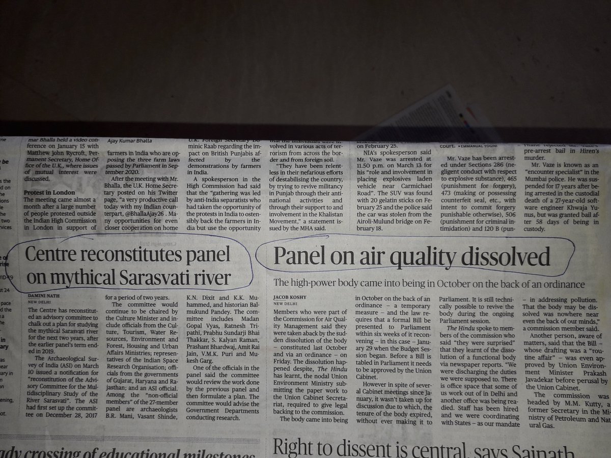 JagdeepChhokar's tweet image. Two headlines on the same page seem to be reasonably good indicator of our national priorities.

&quot;Centre reconstitutes panel on mythical Sarasvati river&quot;

&quot;Panel on air quality dissolved&quot;