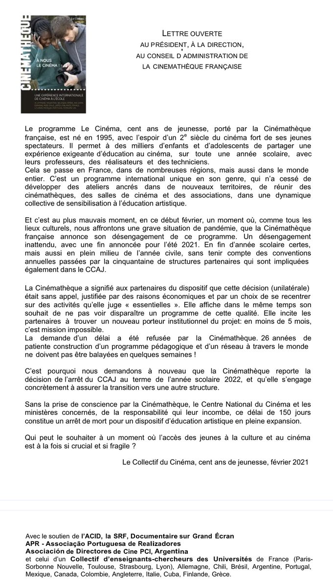 RaphaelNeira's tweet image. NON À LA DISPARITION DU CINÉMA, CENT ANS DE JEUNESSE ! 
Ici la lettre ouverte signée par 500 professionnels du cinéma dont Jeanne Balibar, Jean-Pierre et Luc Dardenne, Claire Simon, Wim Wenders..., contre l’abandon du CCAJ par La Cinémathèque française.  collectifccaj.com