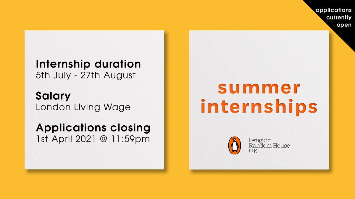 Applications for our Summer Internship Programme are OPEN. 

All the details are here: penguinrandomhousecareers.co.uk/your-career/in… 

You have until 11:59pm on the 1st April to apply. Good luck!