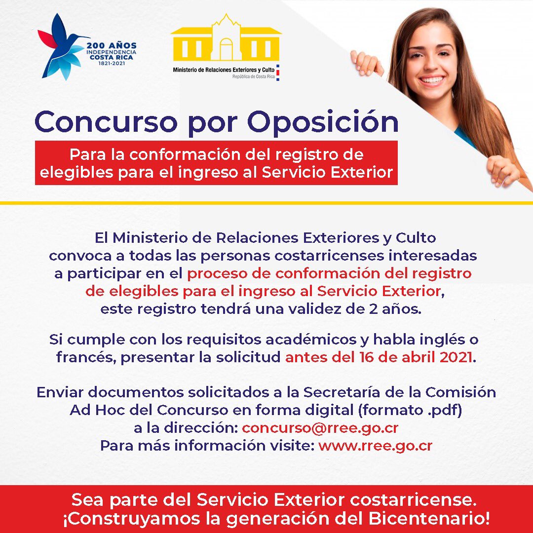 CRcancilleria's tweet photo. Les invitamos a participar en el #Concurso por Oposición para la conformación del registro de elegibles para el ingreso al #ServicioExterior
¡Construyamos la generación del bicentenario! 🇨🇷 https://t.co/J34r6iodox