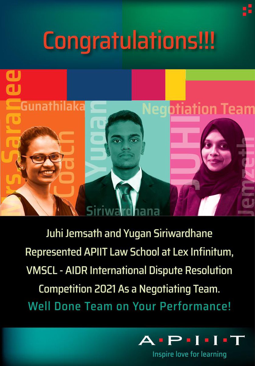 MDMMS_APIIT's tweet photo. Two of our brightest negotiators represented @APIITsl in Lex Infinitum International Dispute Resolution Competition 2021!
#AIDR #negotiation #lexinfinitum #MDMMS https://t.co/yOFe0bM3Ye