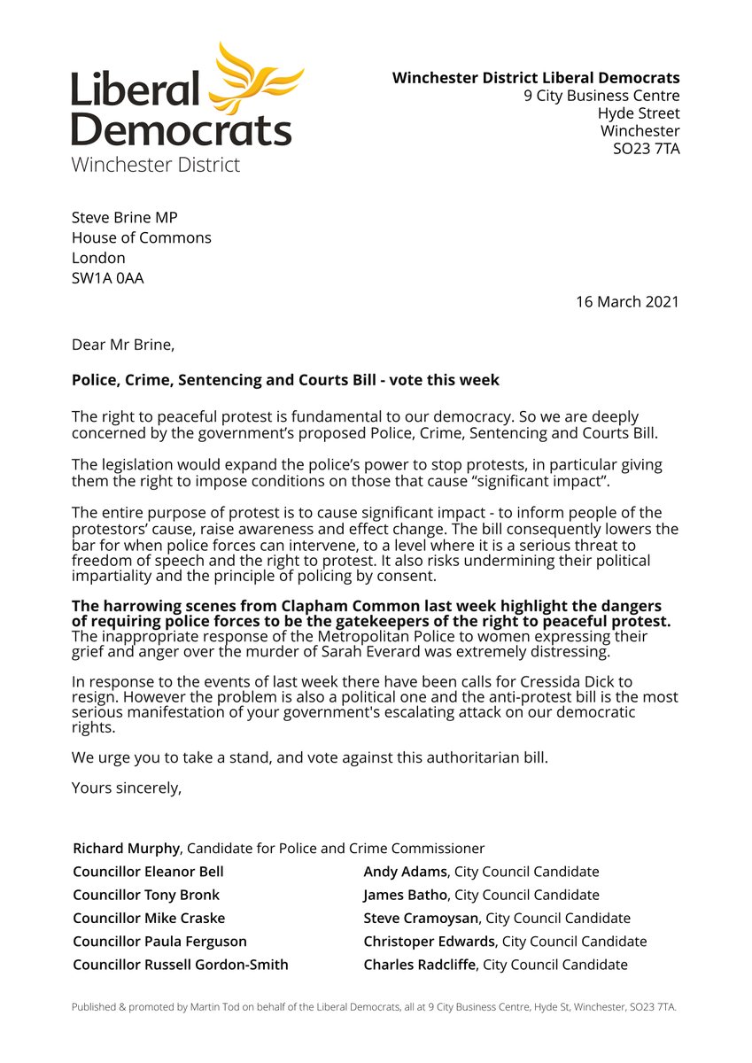 WinLD's tweet image. PCC candidate and Winchester Lib Dems are calling on @BrineMP to take a principled stand today and vote down the authoritarian crime bill. winld.org.uk/police-bill-le… #PolicingBill @bbcsouthnews @bbcradiosolent @hantschronicle @dailyecho @emilykhudson @andrew_napier 1/2