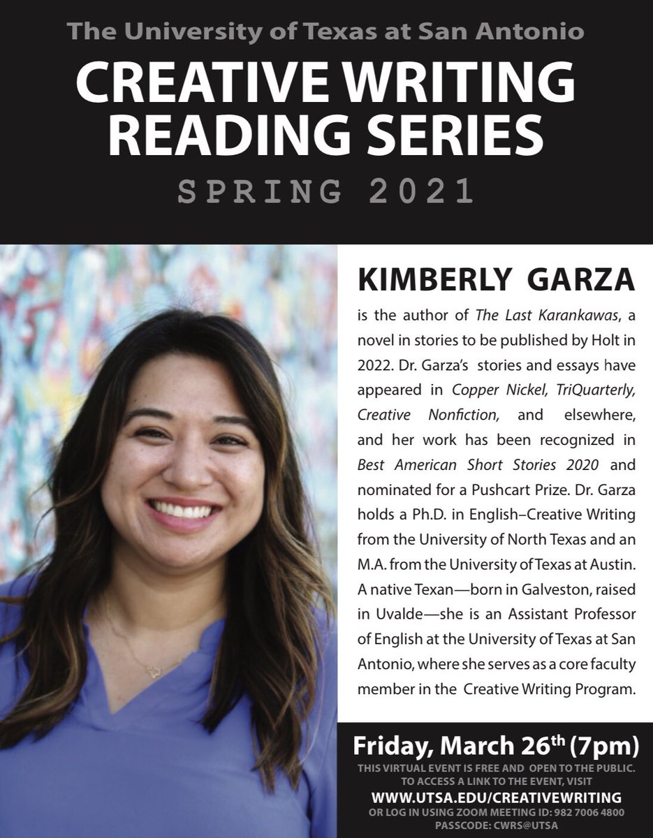 UTSAEnglish's tweet photo. Well, would you look at that! 👀 Our creative writing series is back (virtually) with our very own Dr. Kimberly Garza! 💻
This event will be held March 26, 2021 at 7pm via ZOOM.
#UTSA #utsaprofessors #CreativeWritingSeries #utsaroadrunners #UTSAEnglish https://t.co/bFKUTTxhCL