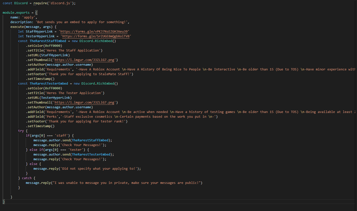 isaacwallace123's tweet image. Discord bot is coming along pretty well. Just finished doing an -apply command from becoming staff and a tester. Any suggestions on what I should add as an apply feature (what should people apply for?) #DiscordAPI #Discord #StaleMateStaff #Progress