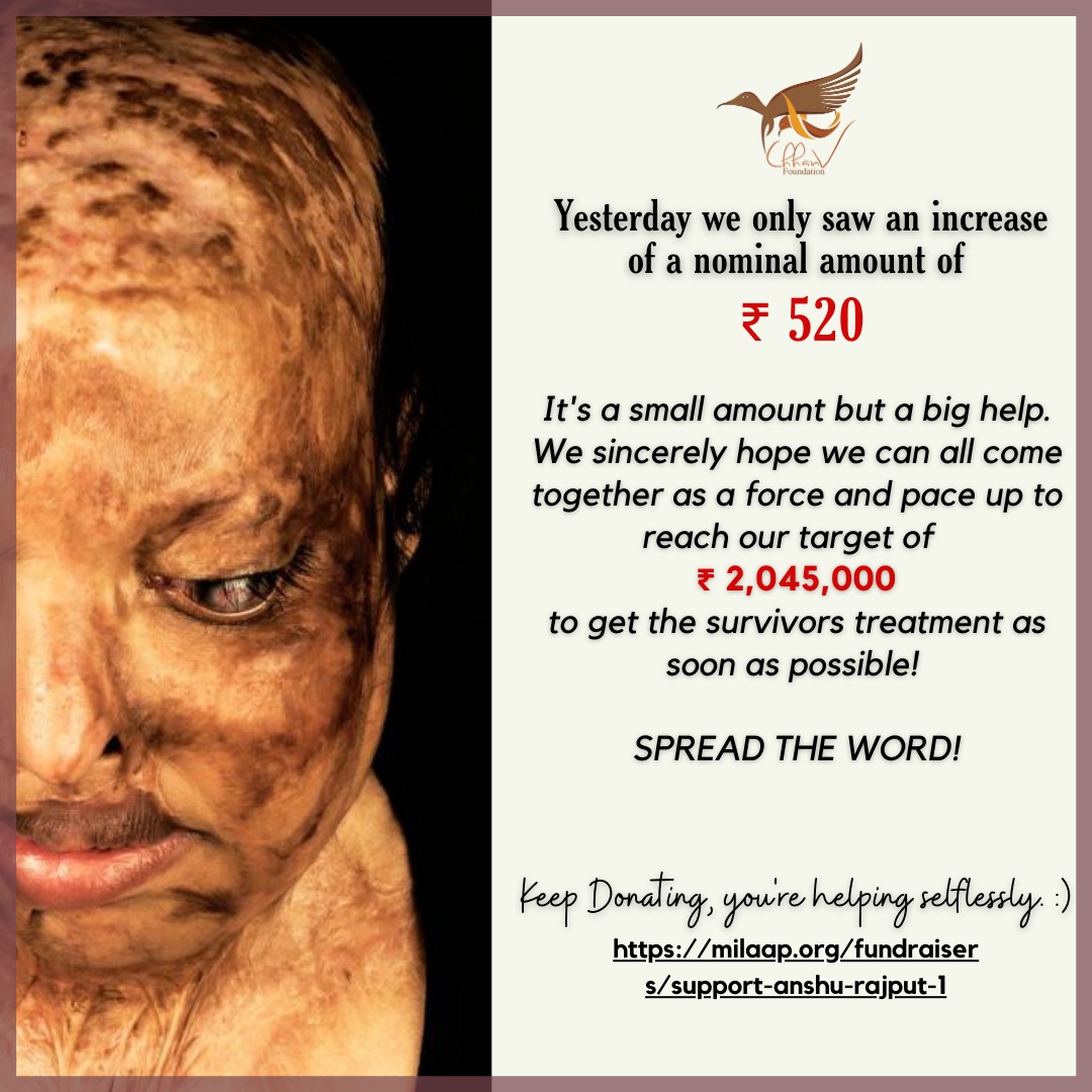 #ChhanvTreatmentDrive 
Let's come together as a force
and pace up to reach the target amount.
We can do it!

Keep donating and Spread the Word :)

bit.ly/chhanvmedicals…

#donateforacidattacksurvivors
#reconstructivesurgery #acidattacksurvivors #chhanvfoundation #URGENT