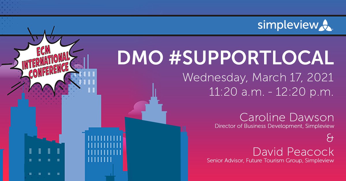 simpleview's tweet image. Our very own Caroline Dawson and David Peacock will be presenting at this year&apos;s #ECMOnlineConference2021. Join them on Wednesday, March 17 to learn how DMOs can #SupportLocal and engage with their stakeholders like never before. bit.ly/2Osv5jl