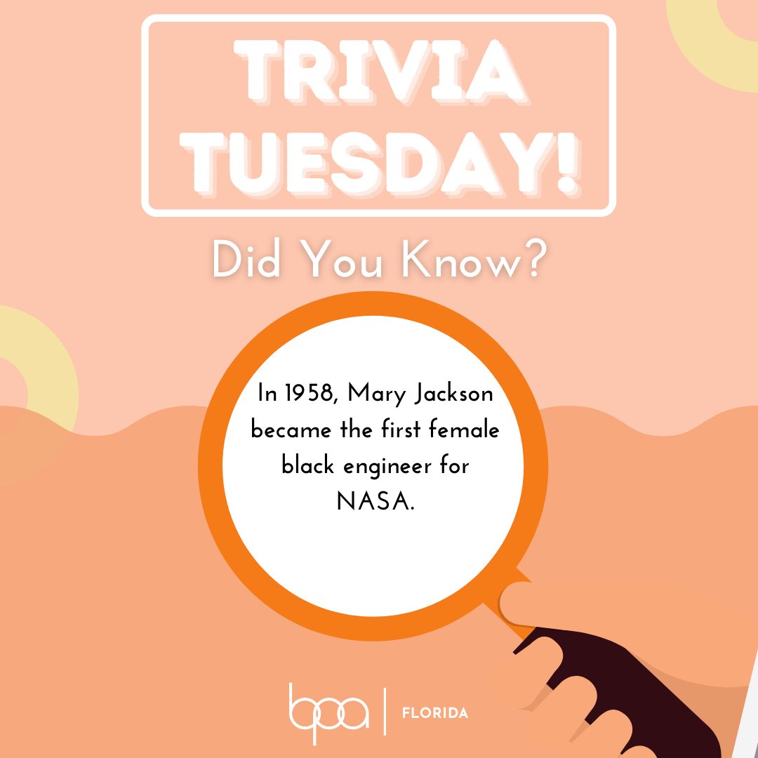 floridabpa's tweet photo. As we continue women's history month, here's a quick fact about an inspirational woman who even has her own movie "Hidden Figures"!
#womanshistorymonth #triviatuesday #flbpa https://t.co/dOaicmGagJ