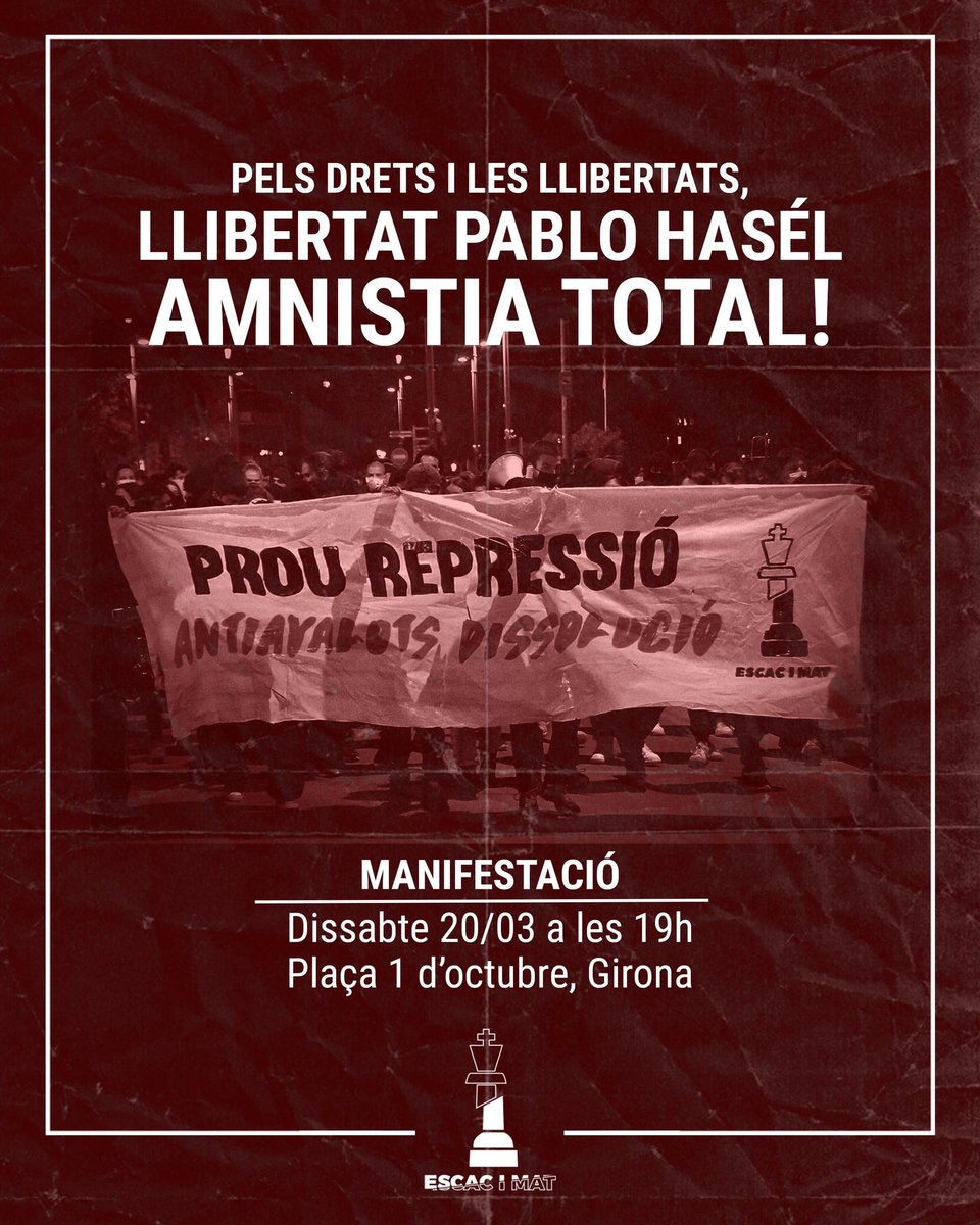 🔥 PELS DRETS I LES LLIBERTATS 🔥 

👉 Aquest dissabte 20 de Març, sortim al carrer per demanar l'amnistia total de totes les represeliades polítiques.

Ens veiem a les 19:00h a la Plaça 1 d'octubre!