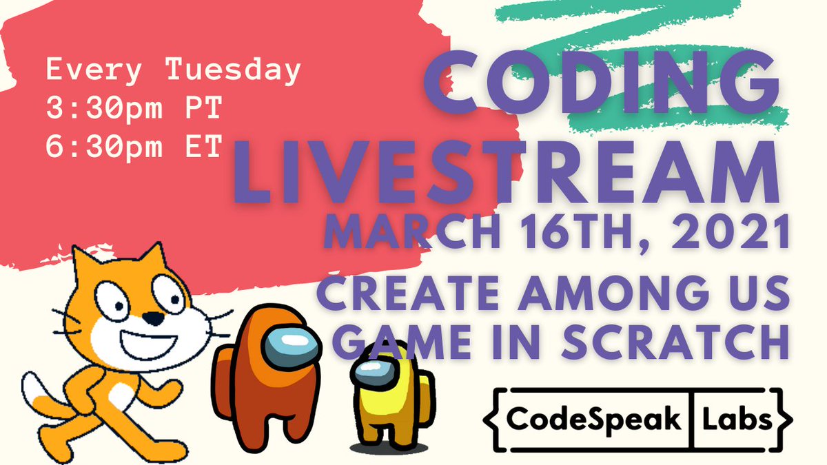 codespeaklabs's tweet image. Have you ever heard of this game called &quot;Among Us&quot;? In today&apos;s live stream, you will learn how to draw an Among Us character, and then program it to walk around, do tasks, and catch impostors. To join, check out our YouTube page TODAY: youtube.com/codespeaklabs