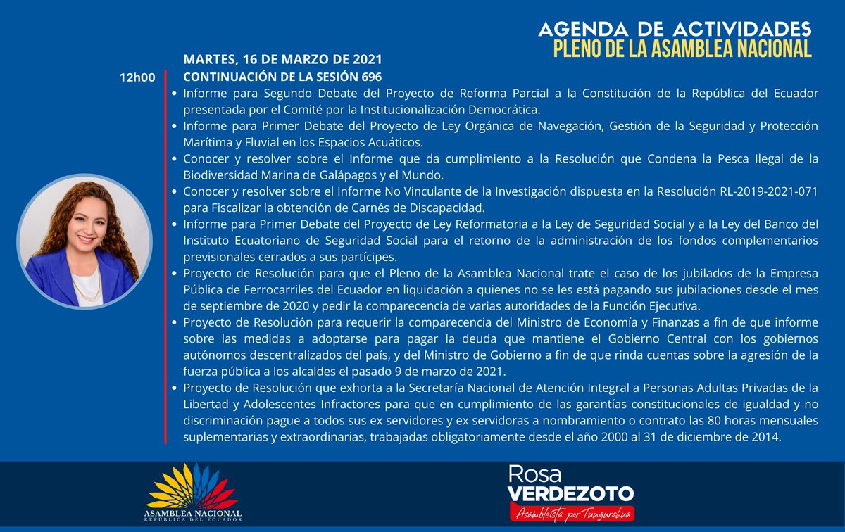 HOY|| Continuamos con la sesión No. 696 del #PlenoVirtual de la <a href="/AsambleaEcuador/">Asamblea Nacional</a> 
 para abordar la #LeyNavegaciónSegura, #ReformasConstitucionales, entre otros temas.